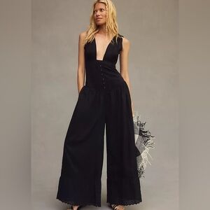 By Anthropologie Deep-V Button-Front Wide-Leg Jumpsuit